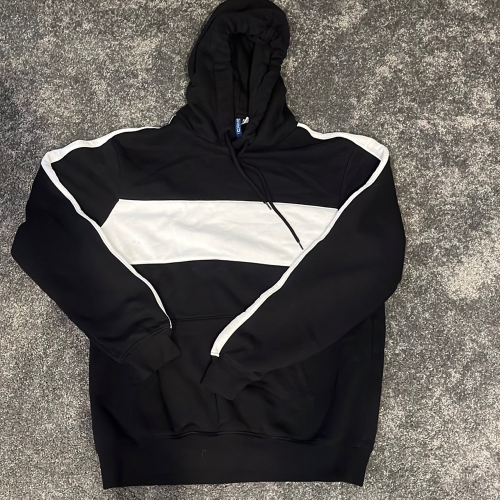 Black hoodie with white stripe